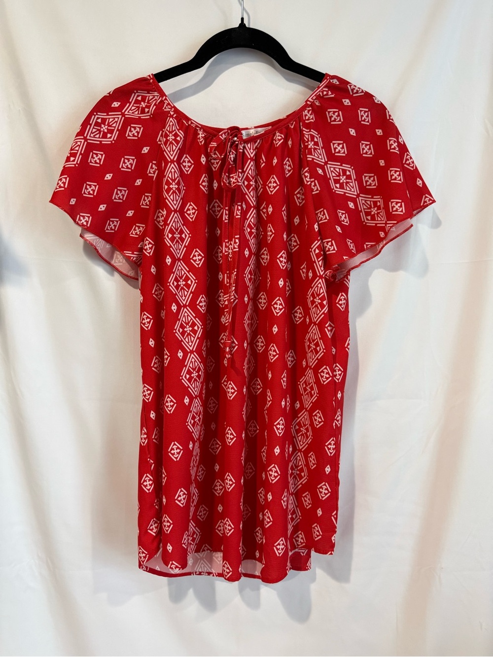 Women's Red Printed Tie-Neck Peasant Blouse